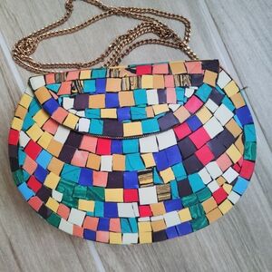 New Ramla Hand Made Moroccan Multicolor Mosaic Clutch with Chain Strap